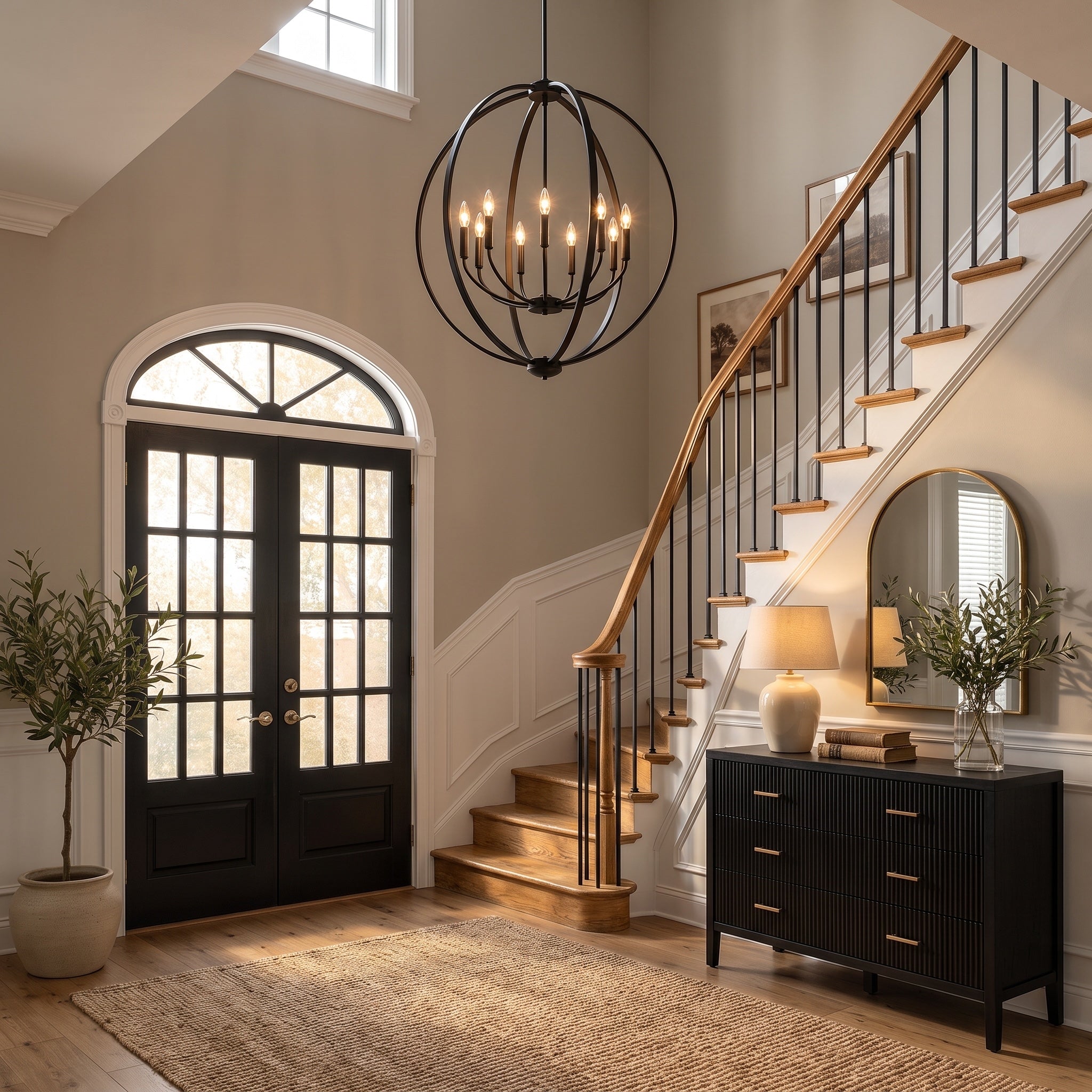 Colson 9-light Chandelier in Matte Black, AI-visualized foyer scene - Golden Lighting