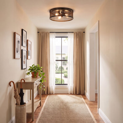 Channing 3-light Flush Mount in Matte Black, AI-visualized hallway scene - Golden Lighting