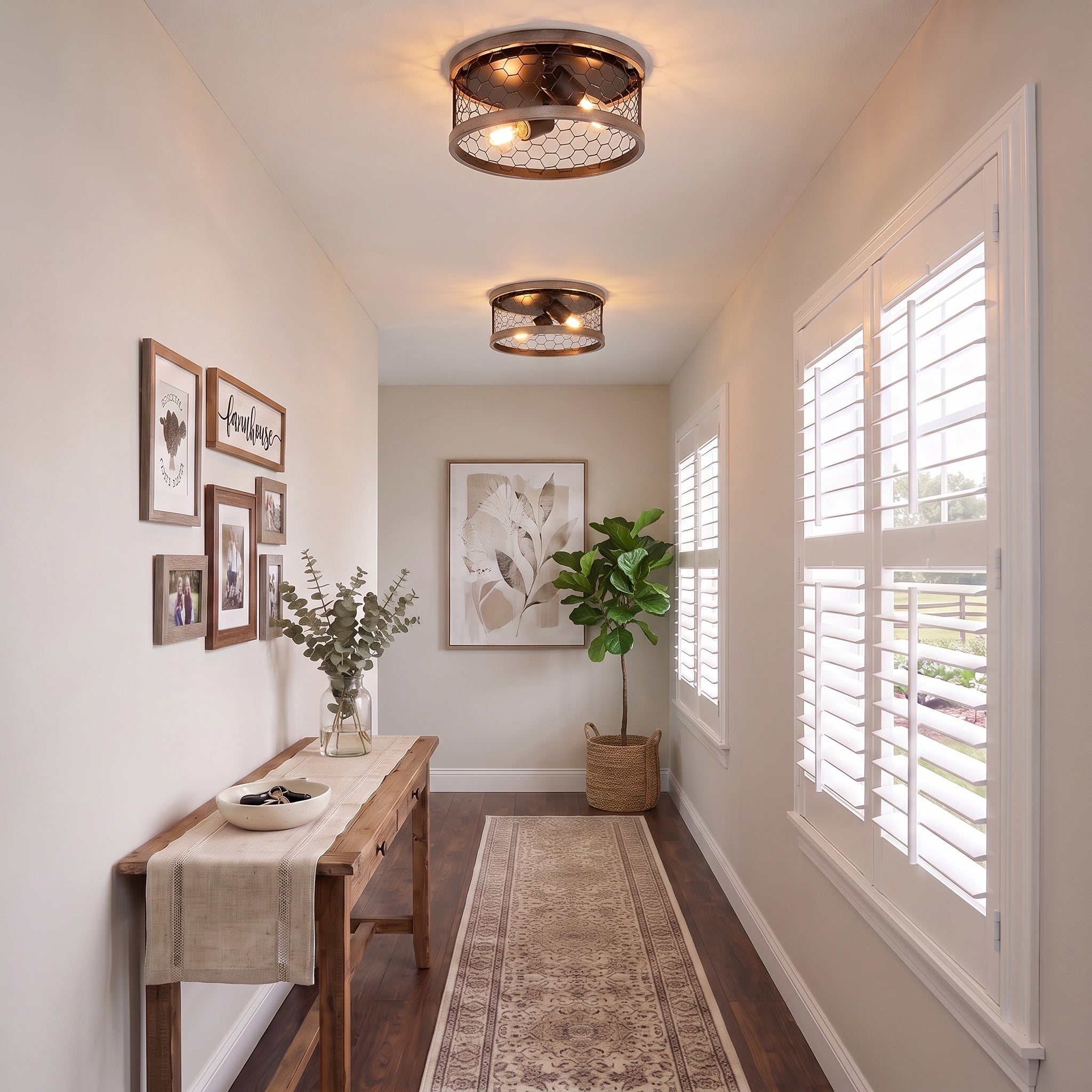 Bailey 2-light Flush Mount in Matte Black, AI-visualized hallway scene - Golden Lighting
