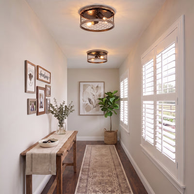 Bailey 2-light Flush Mount in Matte Black, AI-visualized hallway scene - Golden Lighting
