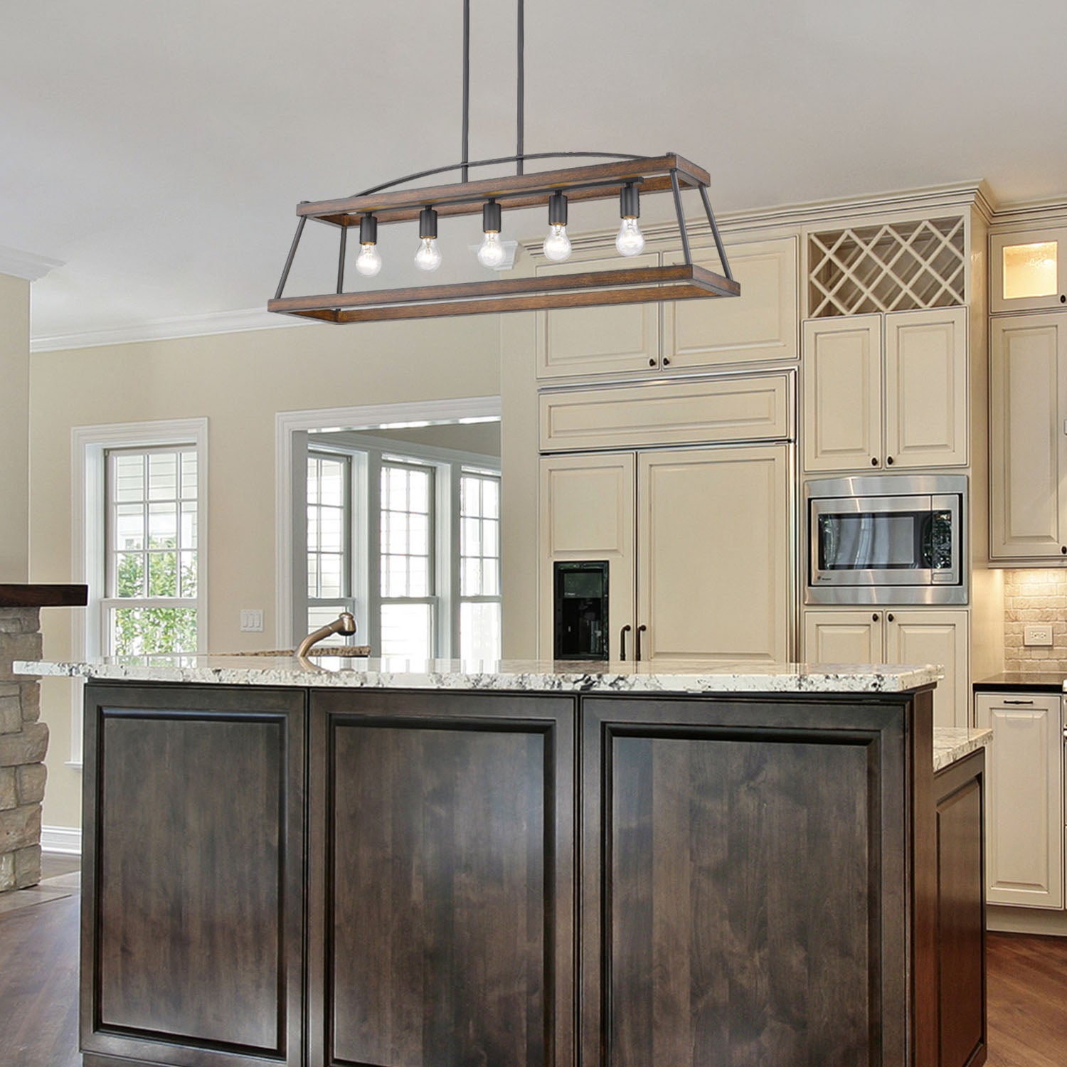 Teagan Linear Pendant in Natural Black with Rustic Oak Accents - Incandescent,Type A / 5 x 60W(M) / 40"L x 10"W x 12.25"H - Golden Lighting