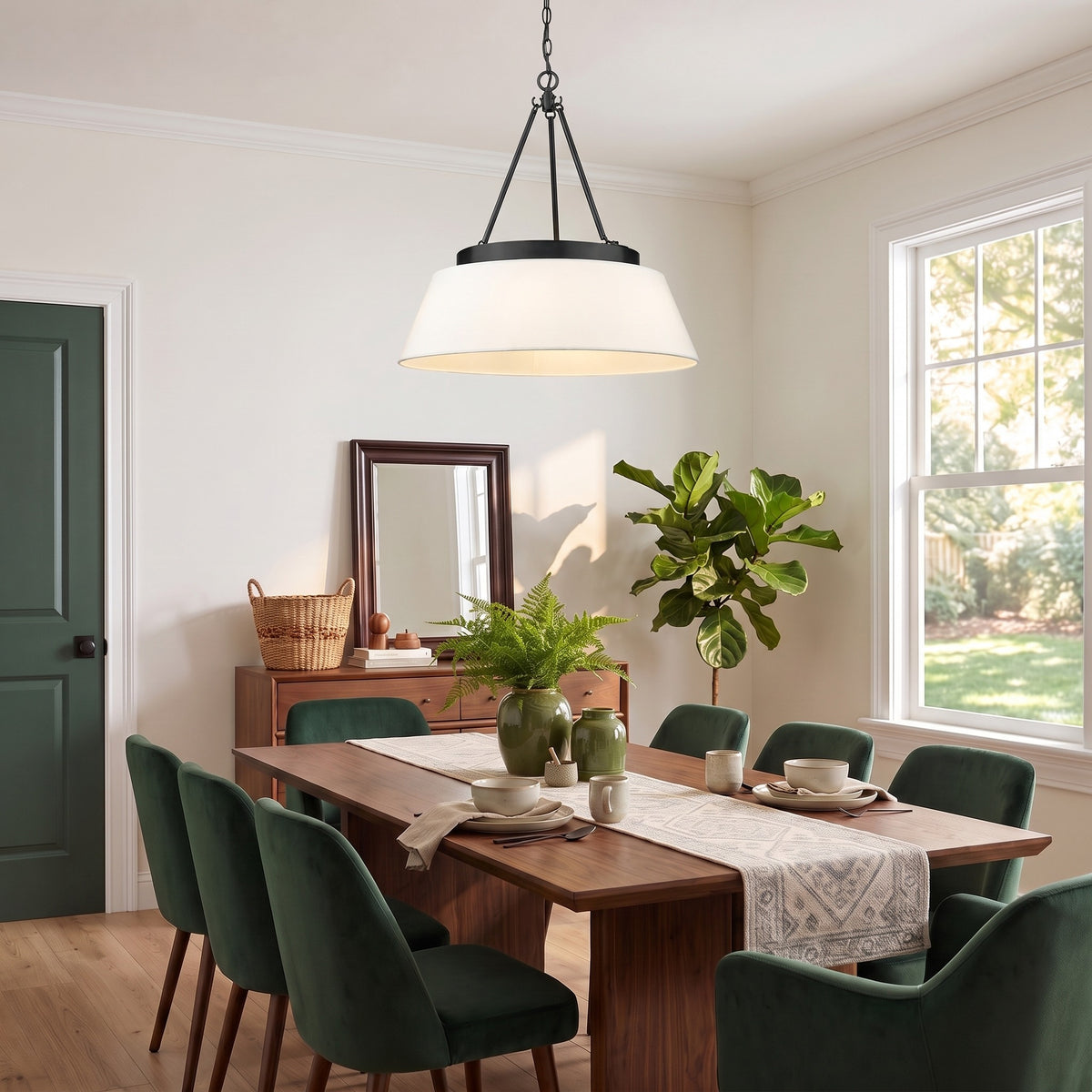 Penn 6-light Chandelier in Matte Black, AI-visualized dining room scene - Golden Lighting