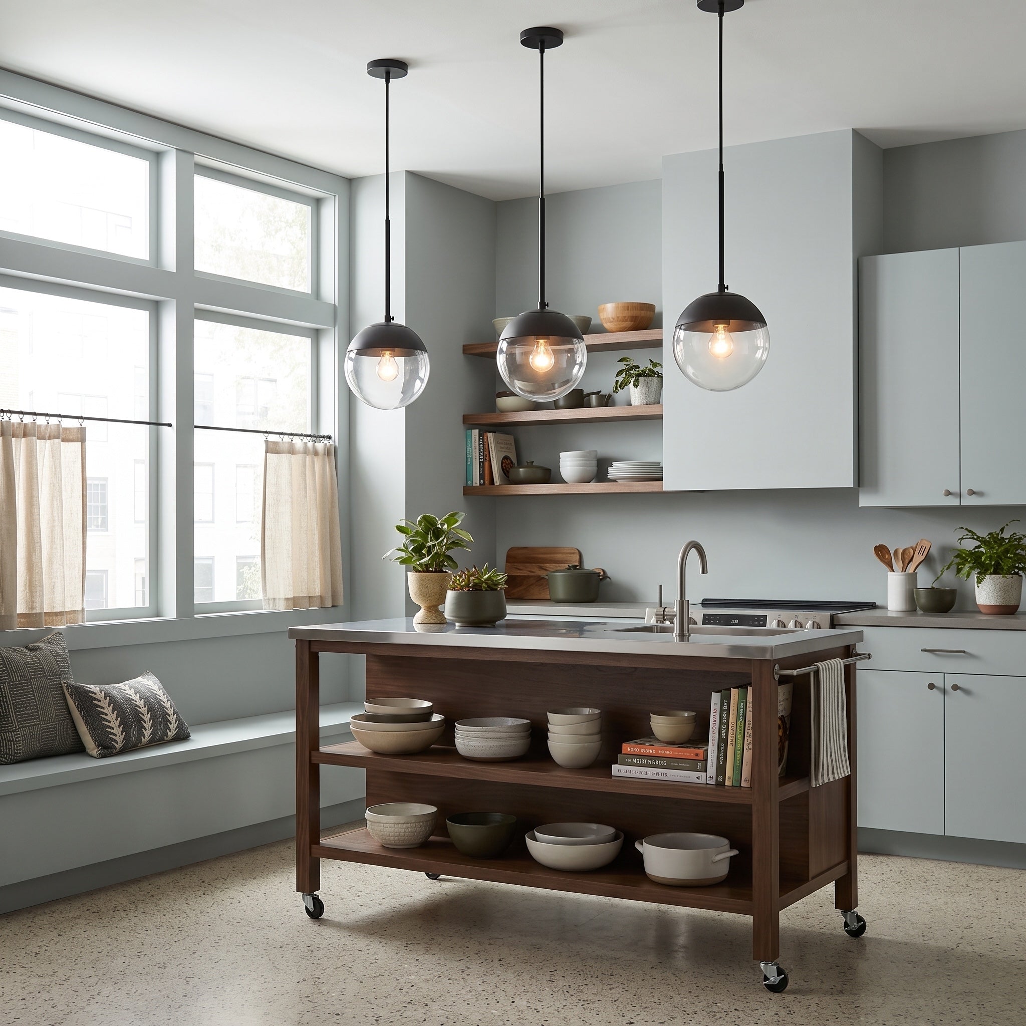 Dixon 1-light Pendant in Matte Black, AI-visualized kitchen scene - Golden Lighting