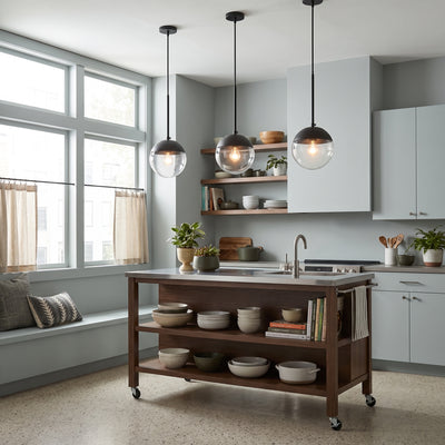 Dixon 1-light Pendant in Matte Black, AI-visualized kitchen scene - Golden Lighting