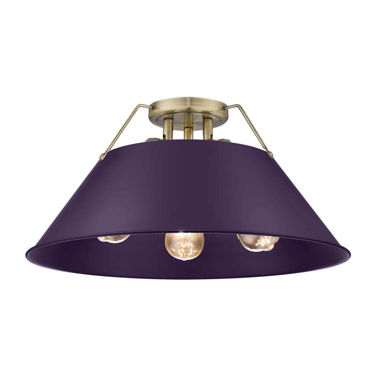 Yep by Golden Lighting Orwell 3-light Flush Mount in Aged Brass and Exotic Purple shade