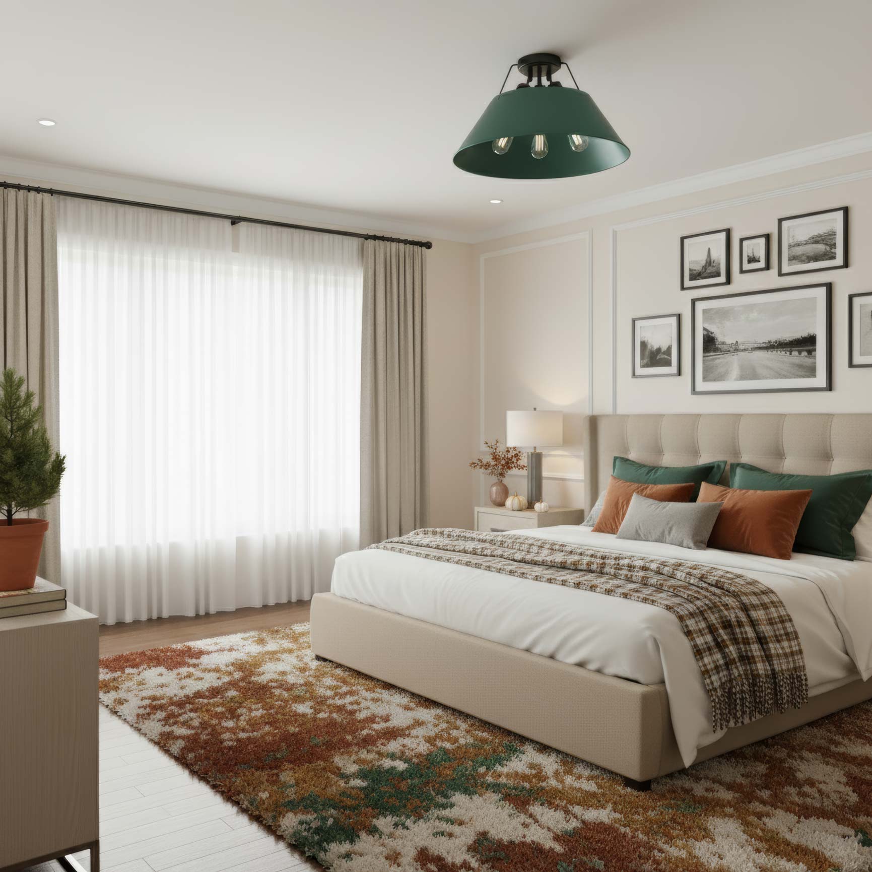 Bedroom with Orwell ceiling light in Pine Green; rich, grounded color over neutral linens.
