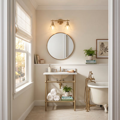 Orwell 2-light Vanity in Brushed Champagne Brass and Clear Glass, AI-visualized room scene - Golden Lighting