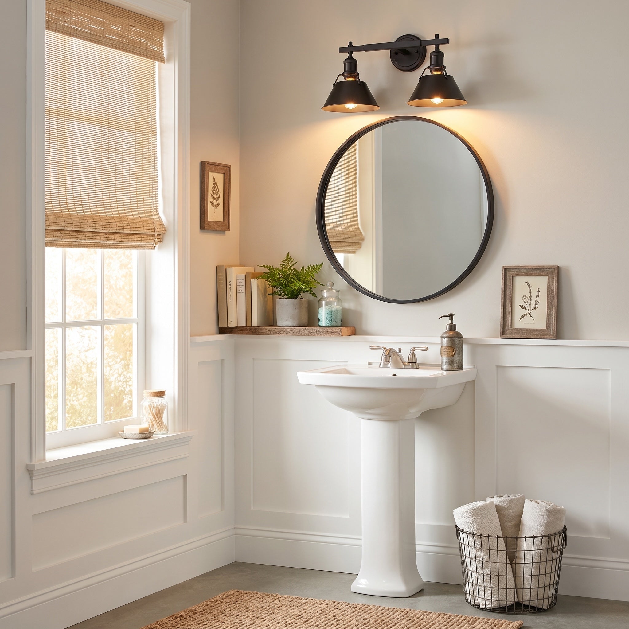 Orwell 2-light Vanity in Matte Black, AI-visualized powder room scene - Golden Lighting
