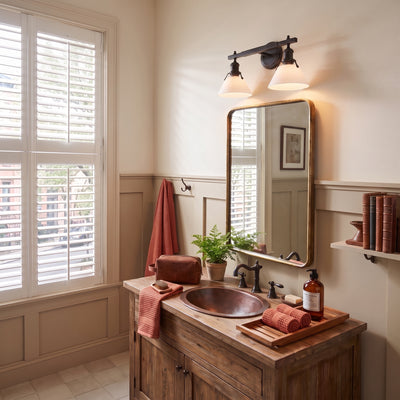 Orwell 2-light Vanity in Matte Black, AI-visualized powder room scene - Golden Lighting