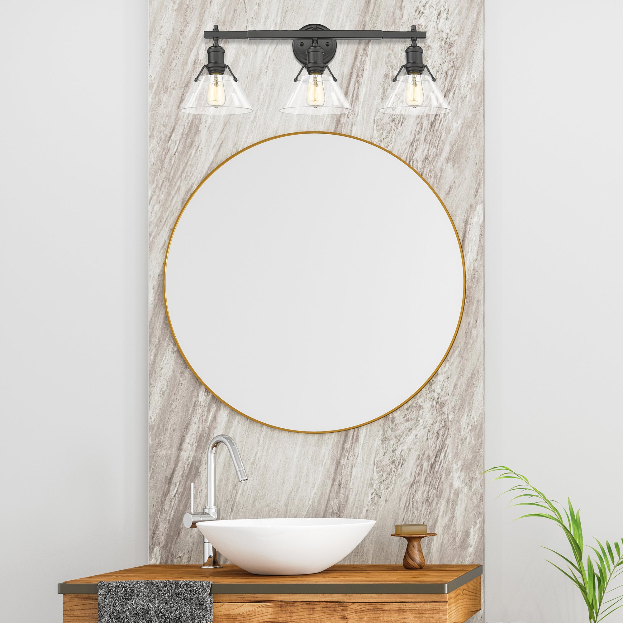 Orwell 3-Light Vanity Light in Matte Black with Clear Glass - Incandescent,Type A / 3 x 100W(M) / 27.25"L x 9.875"H x 8.5"E - Golden Lighting