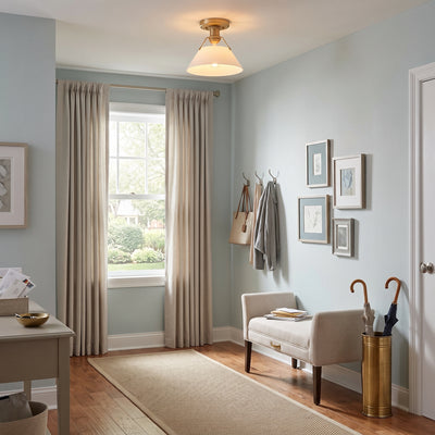 Orwell 1-light Flush Mount in Brushed Champagne Brass and Opal Glass, AI-visualized room scene - Golden Lighting