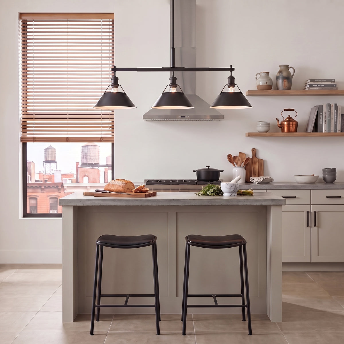 Orwell 3-light Island Light in Matte Black, AI-visualized kitchen scene - Golden Lighting
