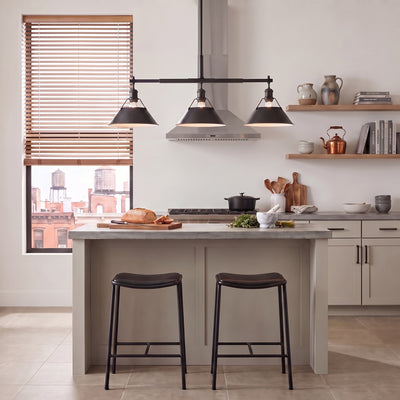Orwell 3-light Island Light in Matte Black, AI-visualized kitchen scene - Golden Lighting