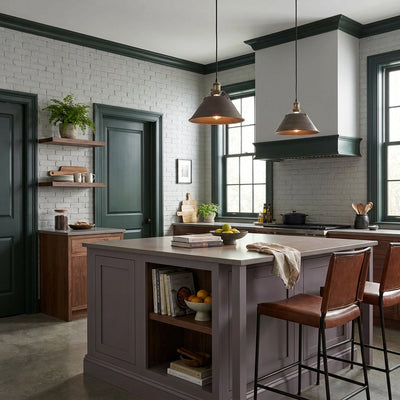 Moody Industrial Kitchen with Golden lighting Orwell 14" Pendant