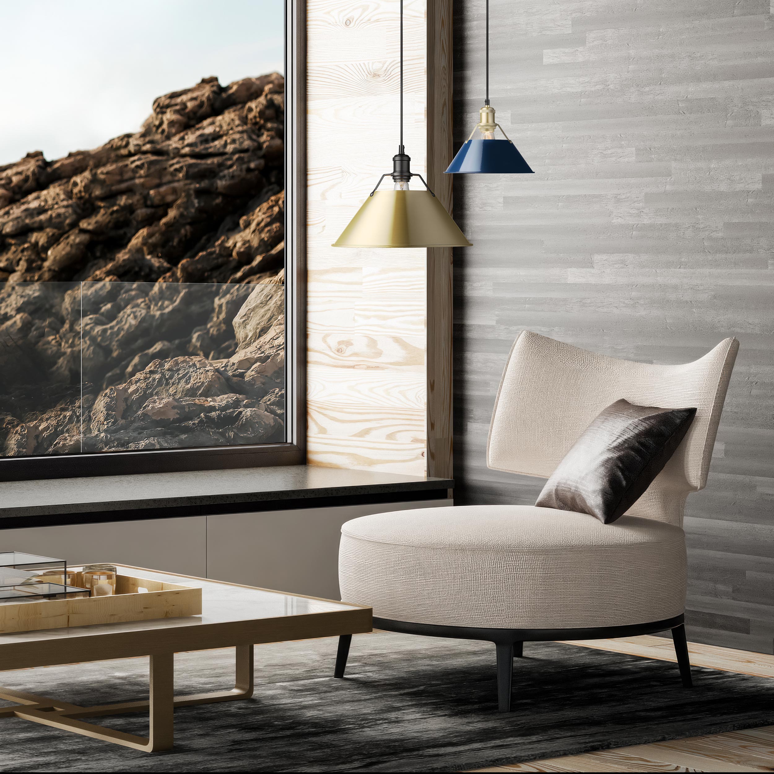 Yep by Golden Lighting Orwell 1-light 14in Pendant in Matte Black and Brushed Champagne Brass shade