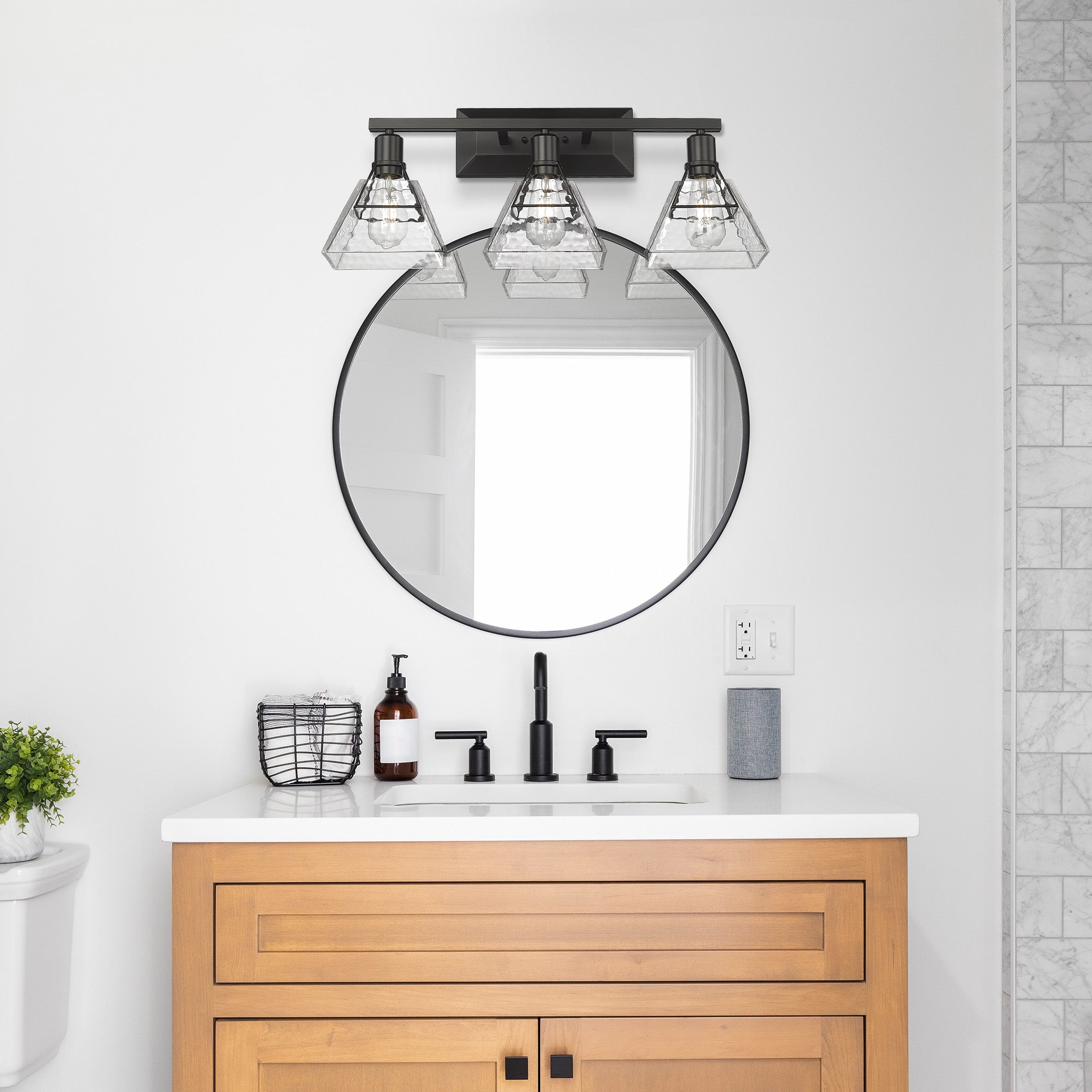 Kepler 3 Light Bath Vanity in Matte Black with Water Glass Shade - Incandescent,Type A / 3 x 60W(M) / 27.5"L x 11.25"H x 8.5"E - Golden Lighting