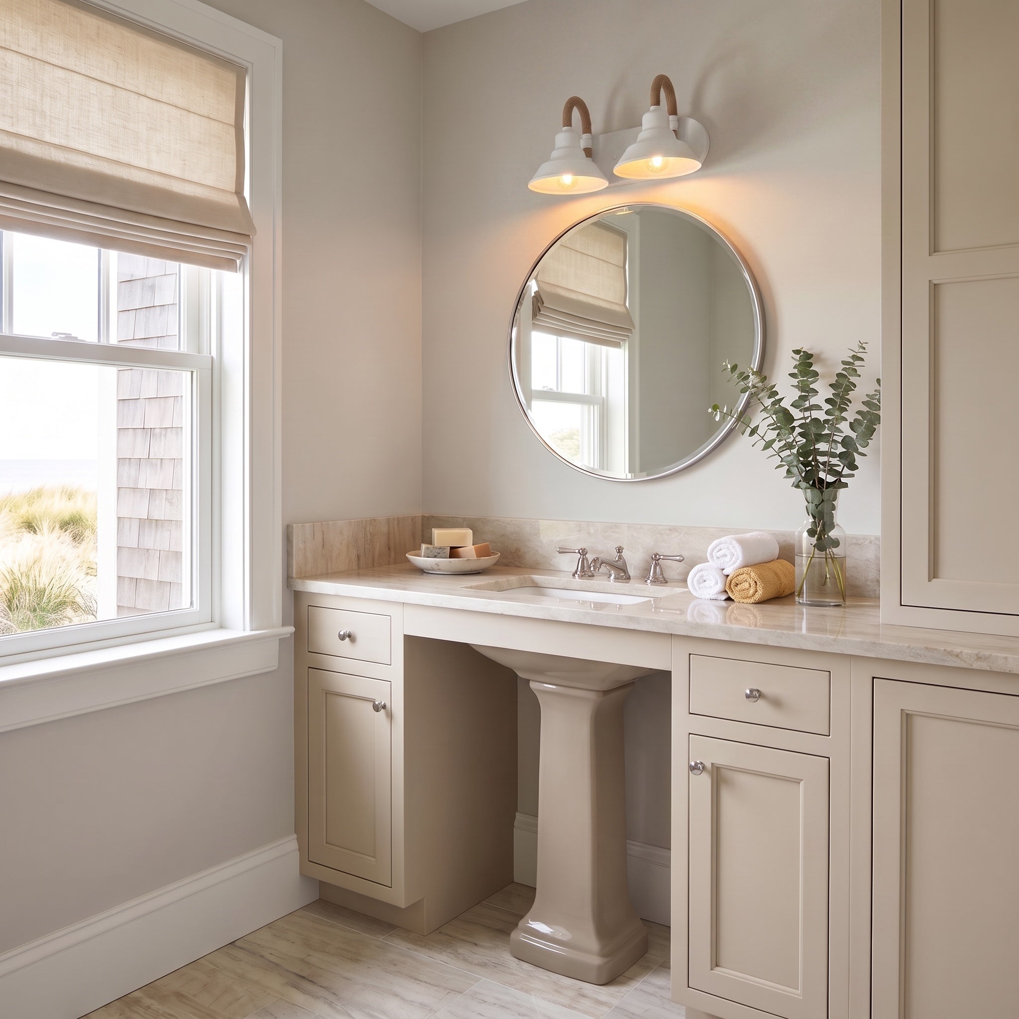 Journey 2-light Vanity in Natural White, AI-visualized powder room scene - Golden Lighting