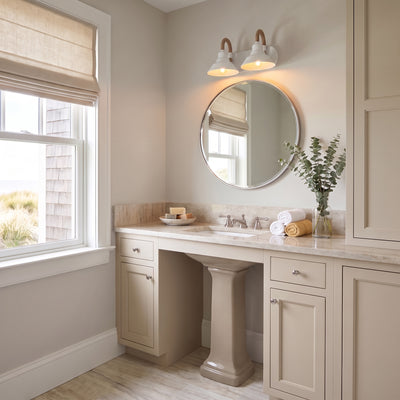 Journey 2-light Vanity in Natural White, AI-visualized powder room scene - Golden Lighting