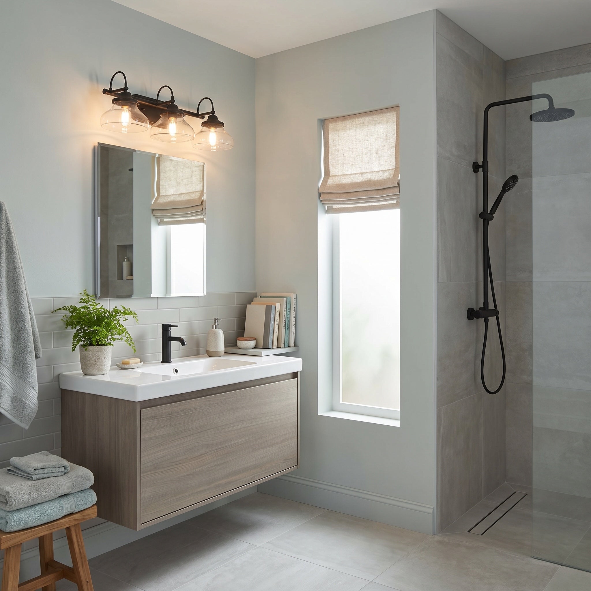 Nash 3-light Vanity in Matte Black, AI-visualized bathroom scene - Golden Lighting