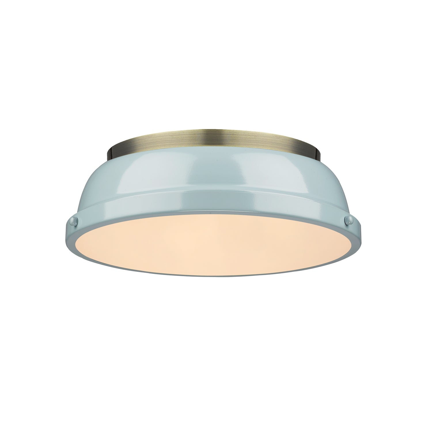 Duncan 14" Flush Mount in Aged Brass with a Seafoam Shade - - Golden Lighting