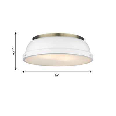 Duncan 2-light Flush Mount in Aged Brass and Matte White shade, dimensions diagram - Golden Lighting