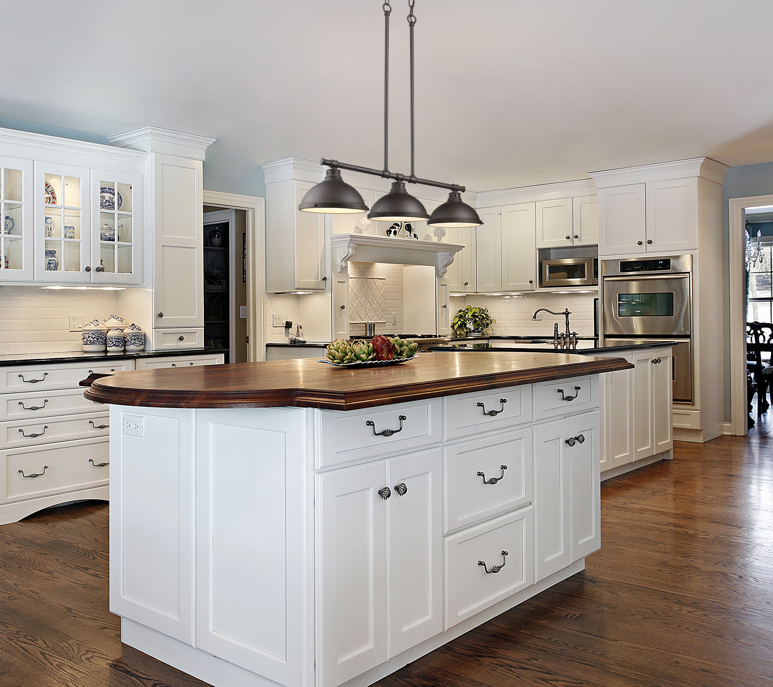 Duncan 3 Light Linear Pendant in Rubbed Bronze with Rubbed Bronze Shades - Default Title - Golden Lighting