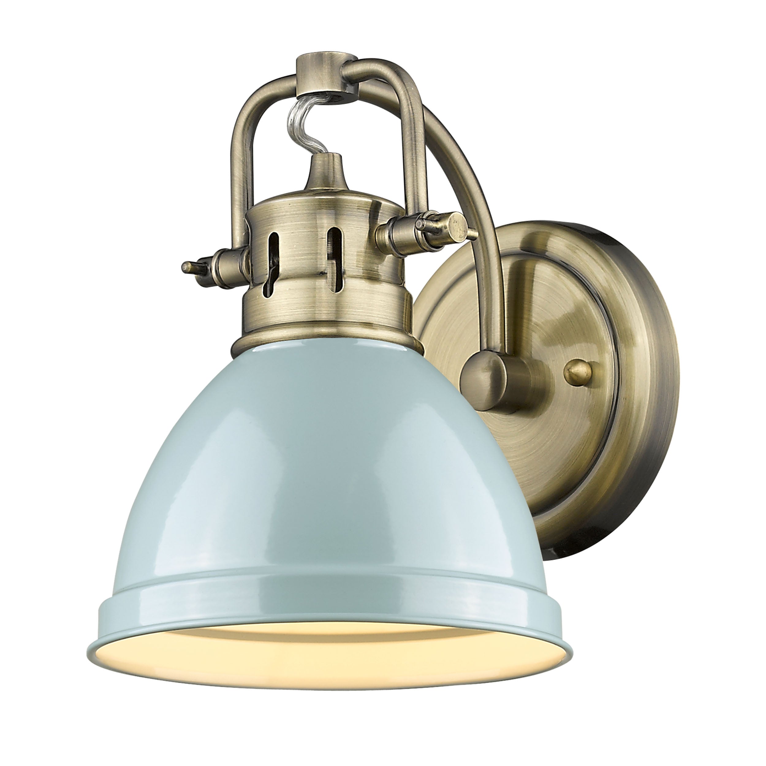 Yep by Golden Lighting Duncan 1-light Vanity in Aged Brass and Seafoam shade