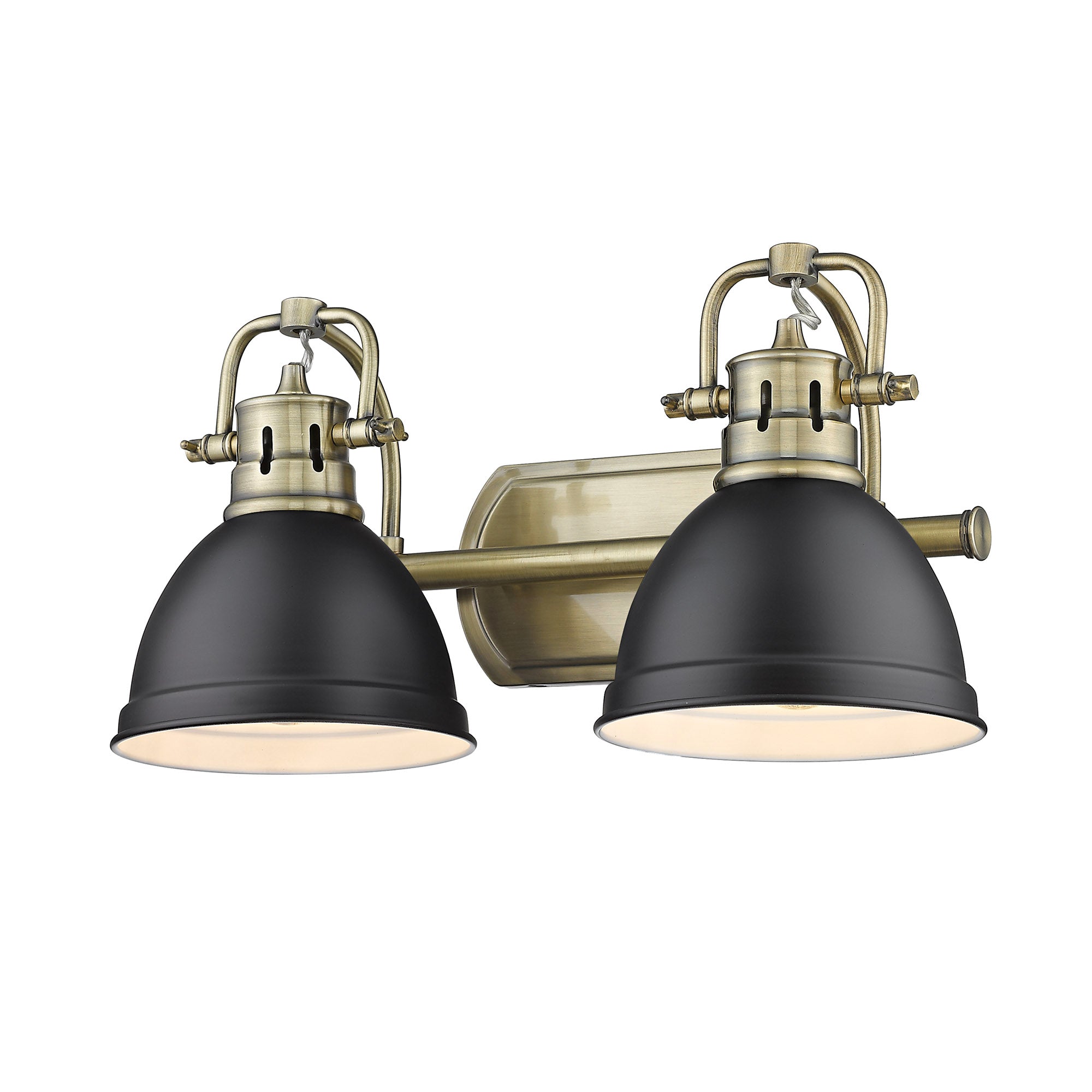 Duncan 2 Light Bath Vanity in Aged Brass with Matte Black Shades - - Golden Lighting