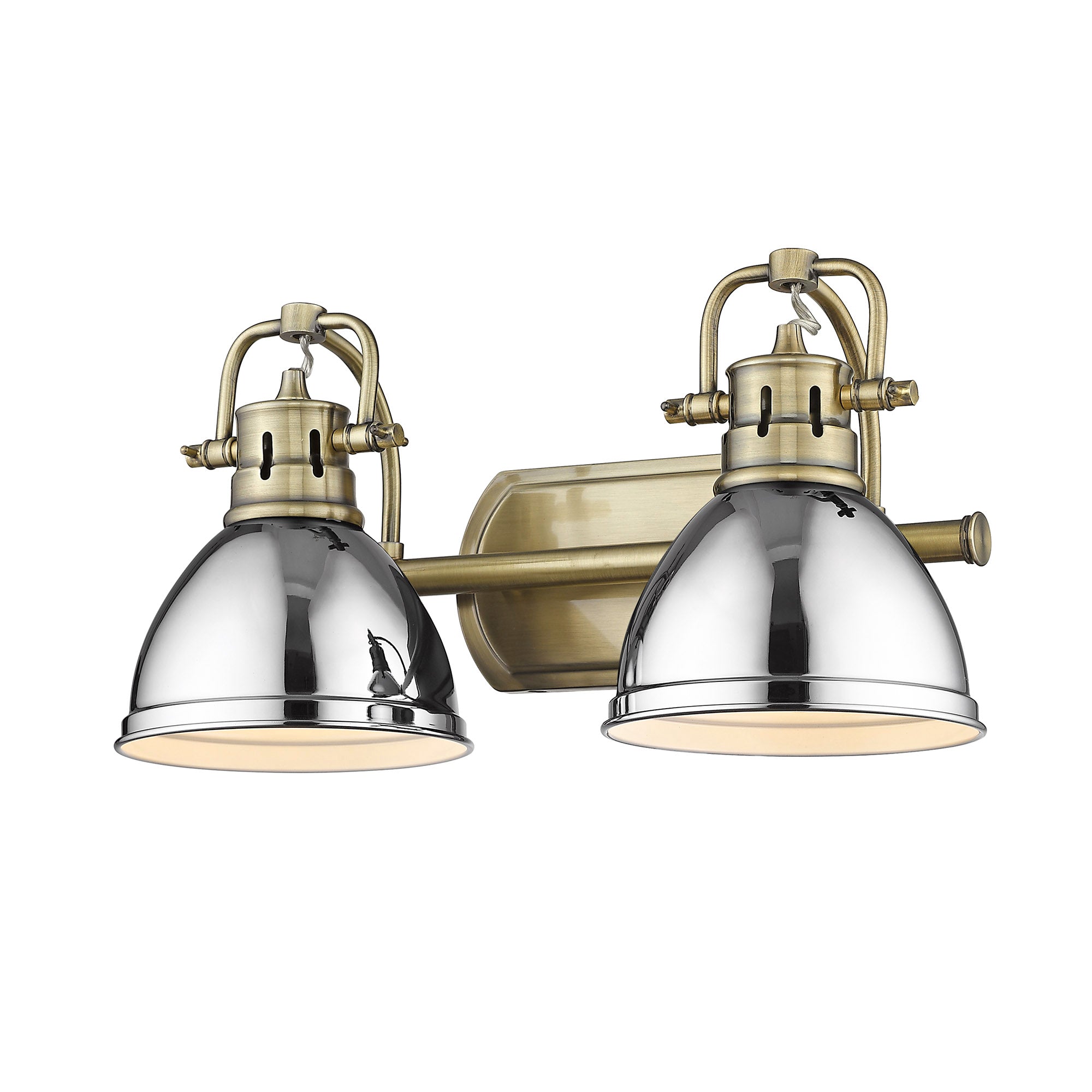 Duncan 2 Light Bath Vanity in Aged Brass with Chrome Shades - - Golden Lighting