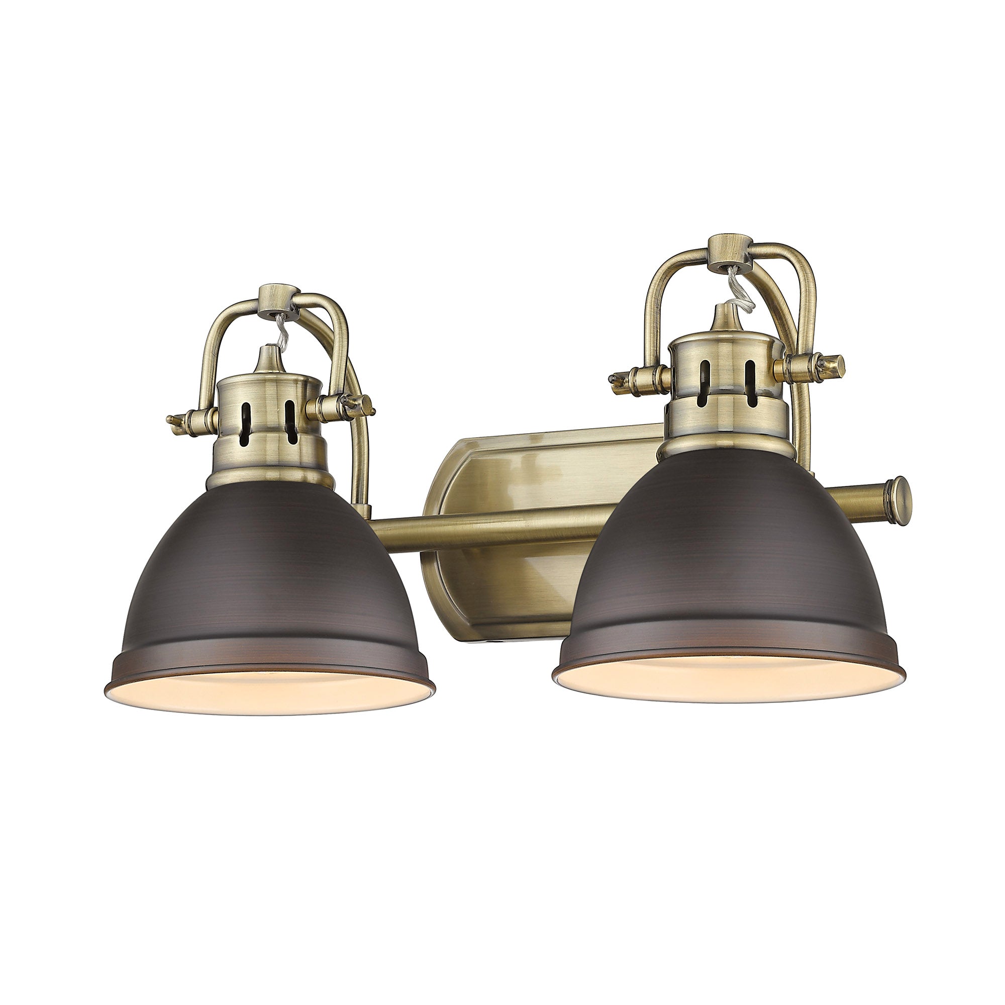 Duncan 2 Light Bath Vanity in Aged Brass with Rubbed Bronze Shades - - Golden Lighting