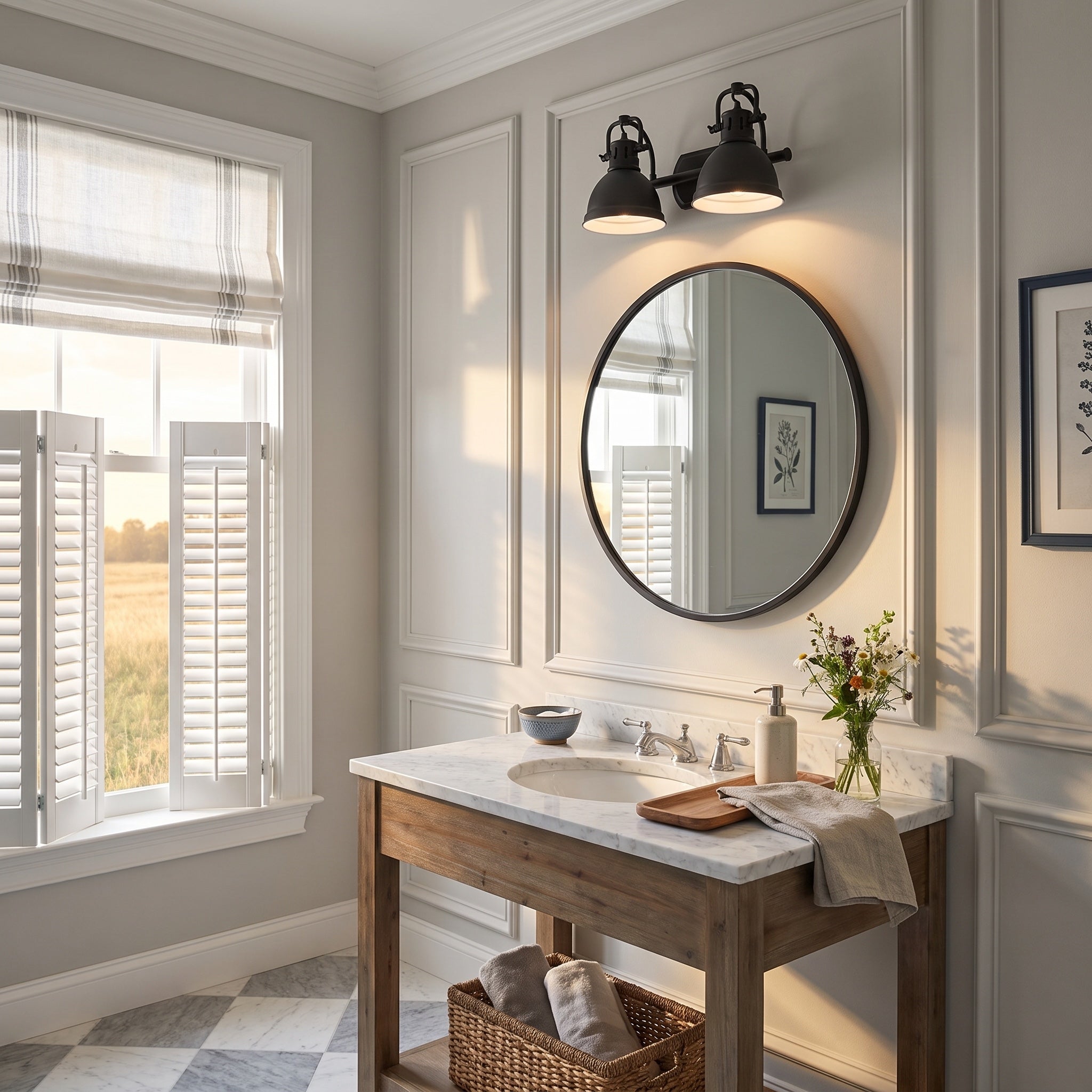 Duncan 2-light Vanity in Matte Black, AI-visualized room scene - Golden Lighting