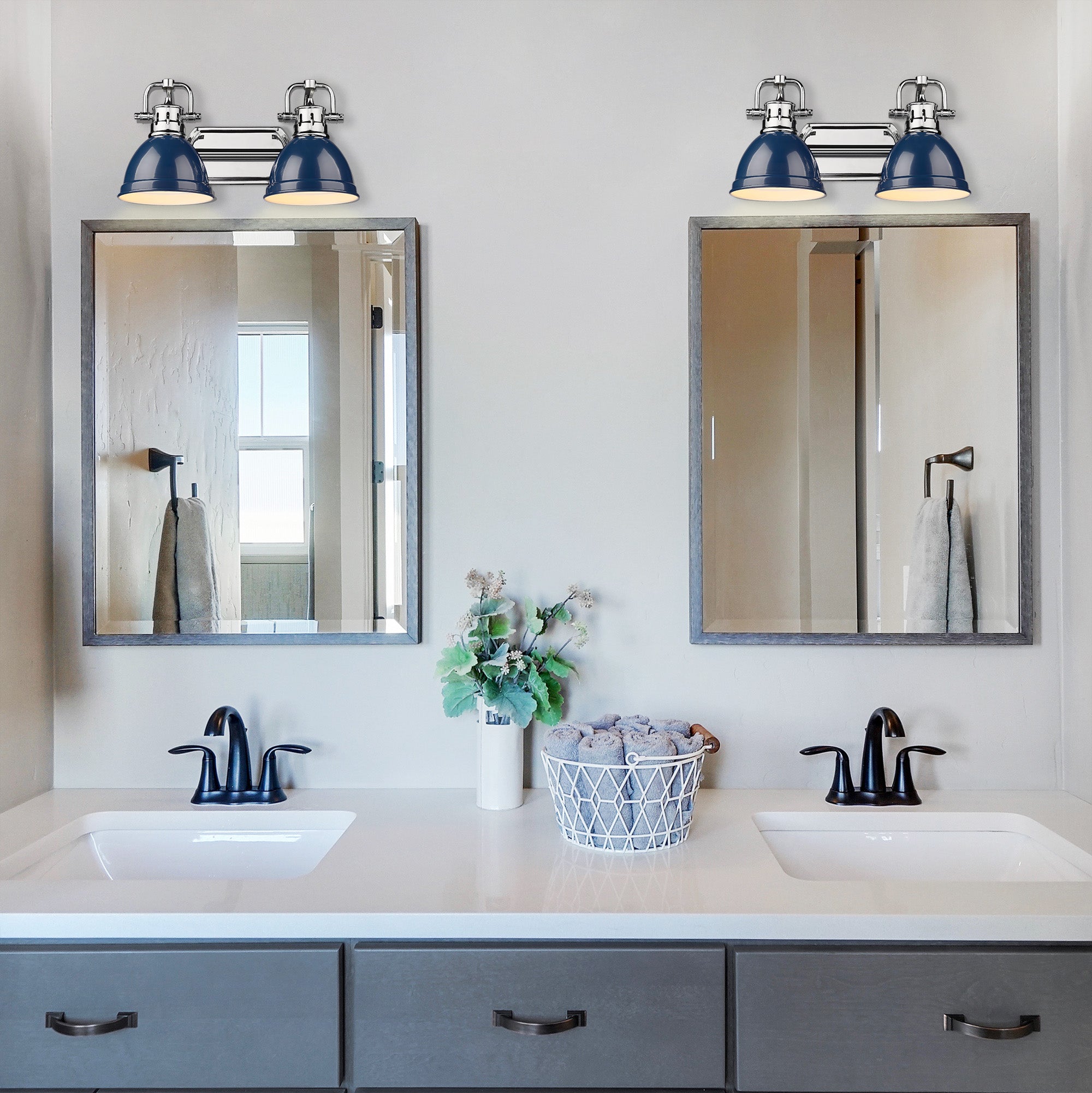 Duncan CH 2 Light Bath Vanity in Chrome with Navy Blue Shade - Incandescent,Type A / 2 x 100W(M) / 16.5"L x 8.5"H x 8.25"E - Golden Lighting