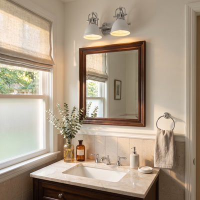 Duncan 2-light Vanity in Chrome and White shade, AI-visualized room scene - Golden Lighting
