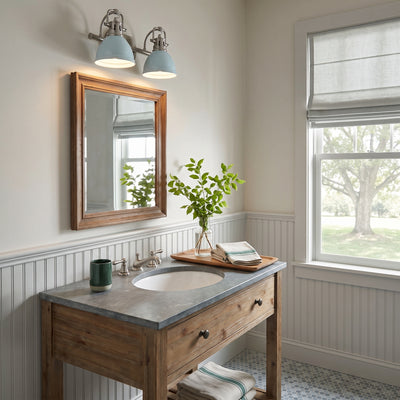 Duncan 2-light Vanity in Pewter and Seafoam shade, AI-visualized room scene - Golden Lighting