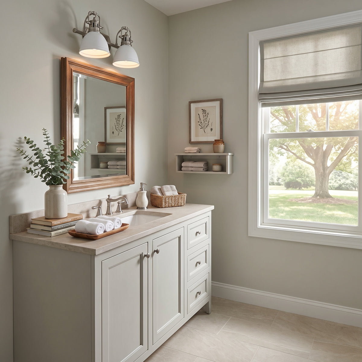 Duncan 2-light Vanity in Pewter and Matte White shade, AI-visualized room scene - Golden Lighting