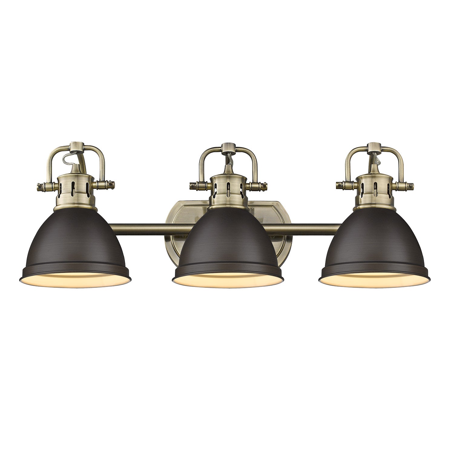 Duncan 3 Light Bath Vanity in Aged Brass with a Rubbed Bronze Shade - - Golden Lighting