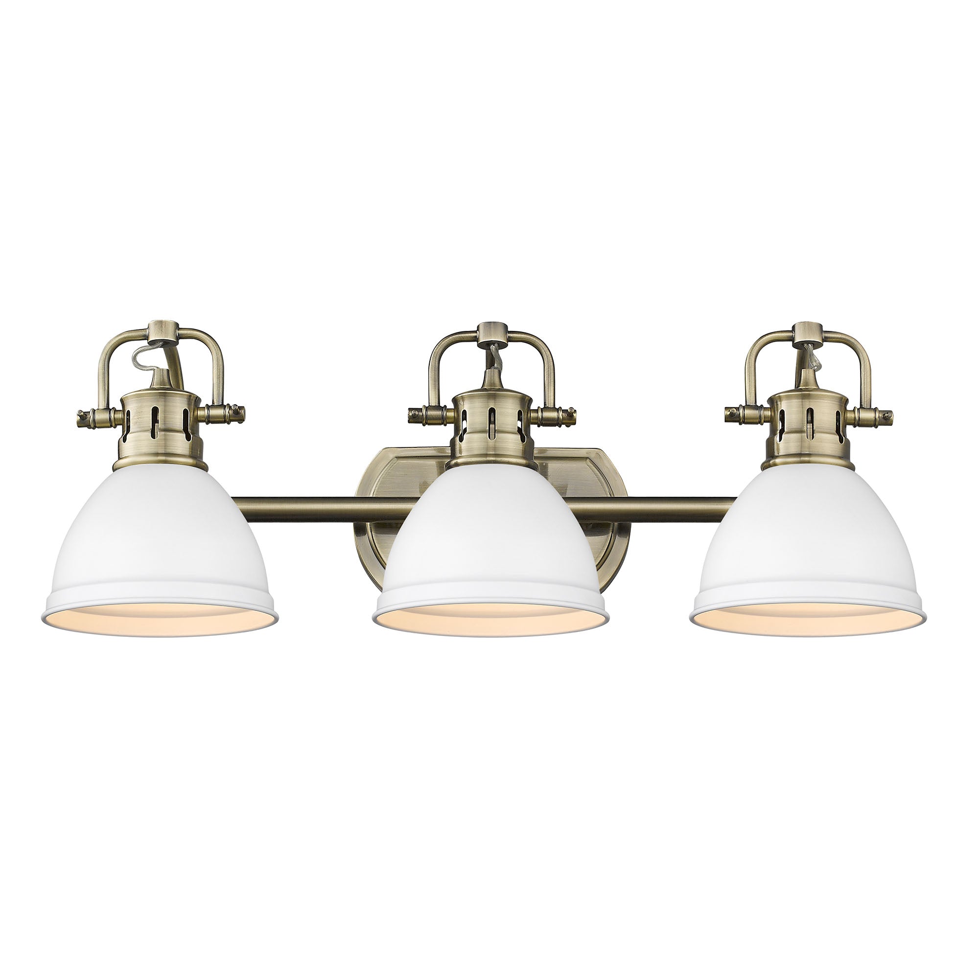 Duncan 3 Light Bath Vanity in Aged Brass with a Matte White Shade - - Golden Lighting