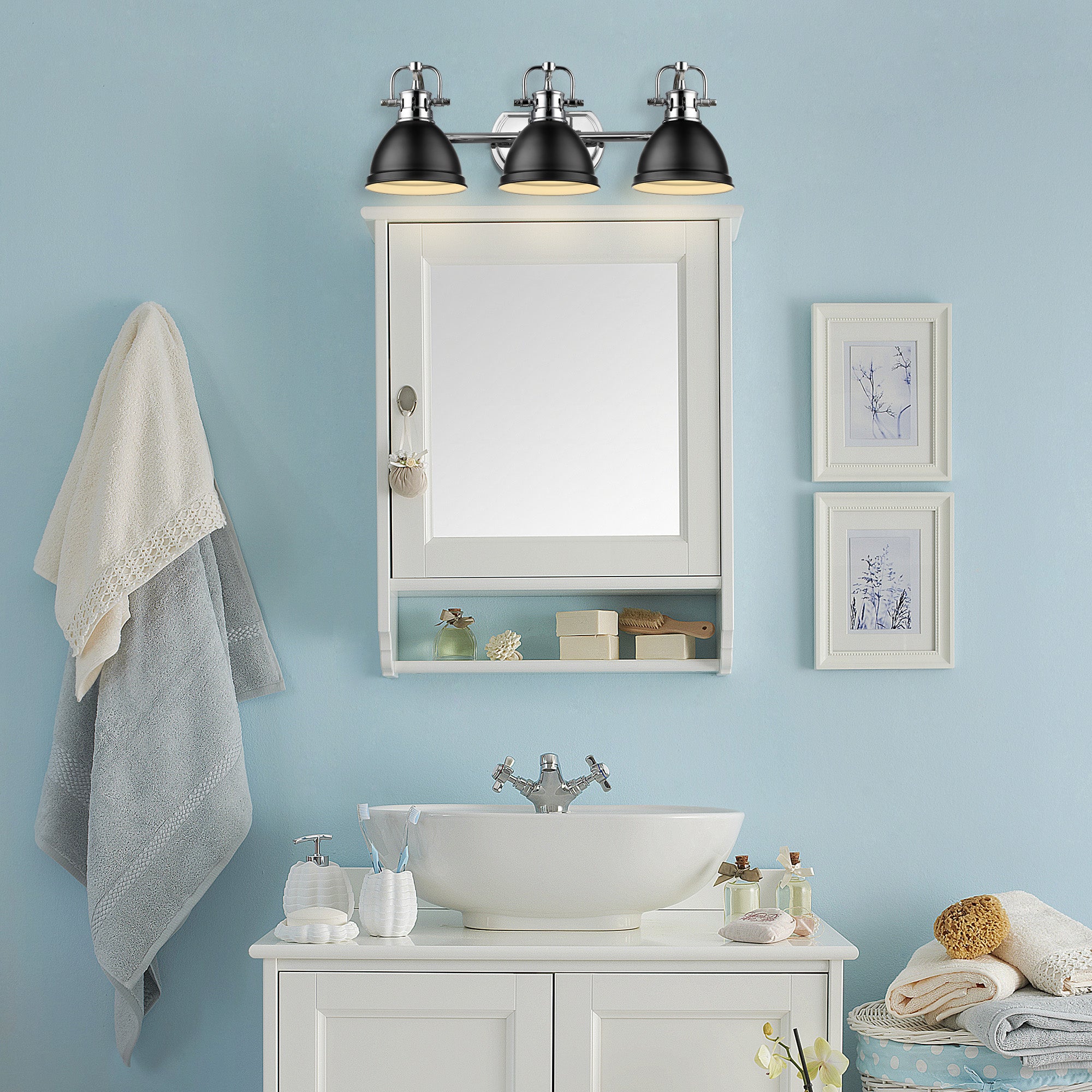 Duncan 3 Light Bath Vanity in Chrome with a Matte Black Shade - Incandescent,Type A / 3 x 100W(M) / 24.5"L x 8.5"H x 8.25"E - Golden Lighting