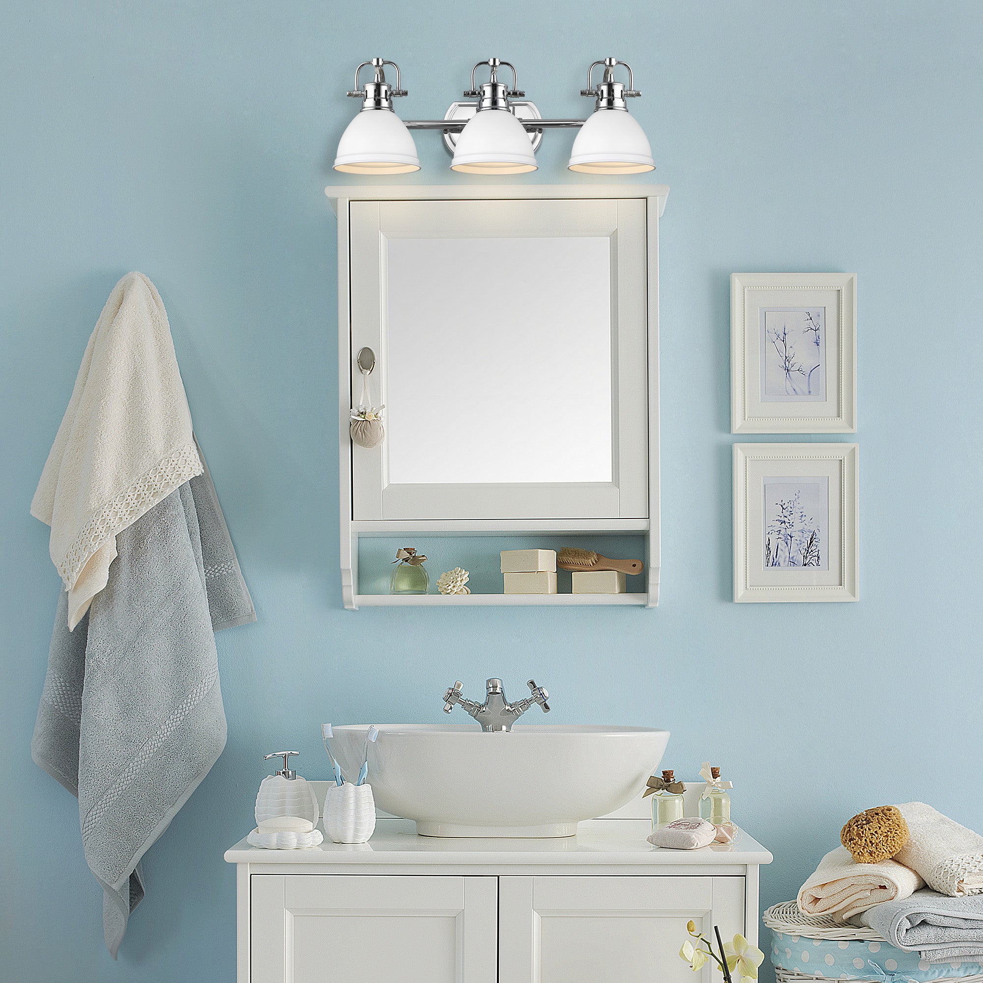 Duncan 3 Light Bath Vanity in Chrome with a Matte White Shade - Incandescent,Type A / 3 x 100W(M) / 24.5"L x 8.5"H x 8.25"E - Golden Lighting