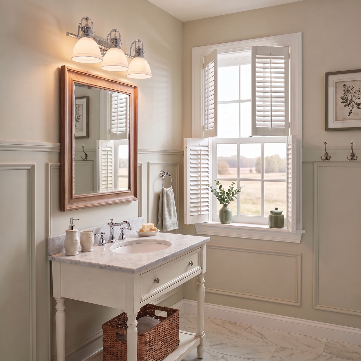 Duncan 3-light Vanity in Chrome, AI-visualized powder room scene - Golden Lighting