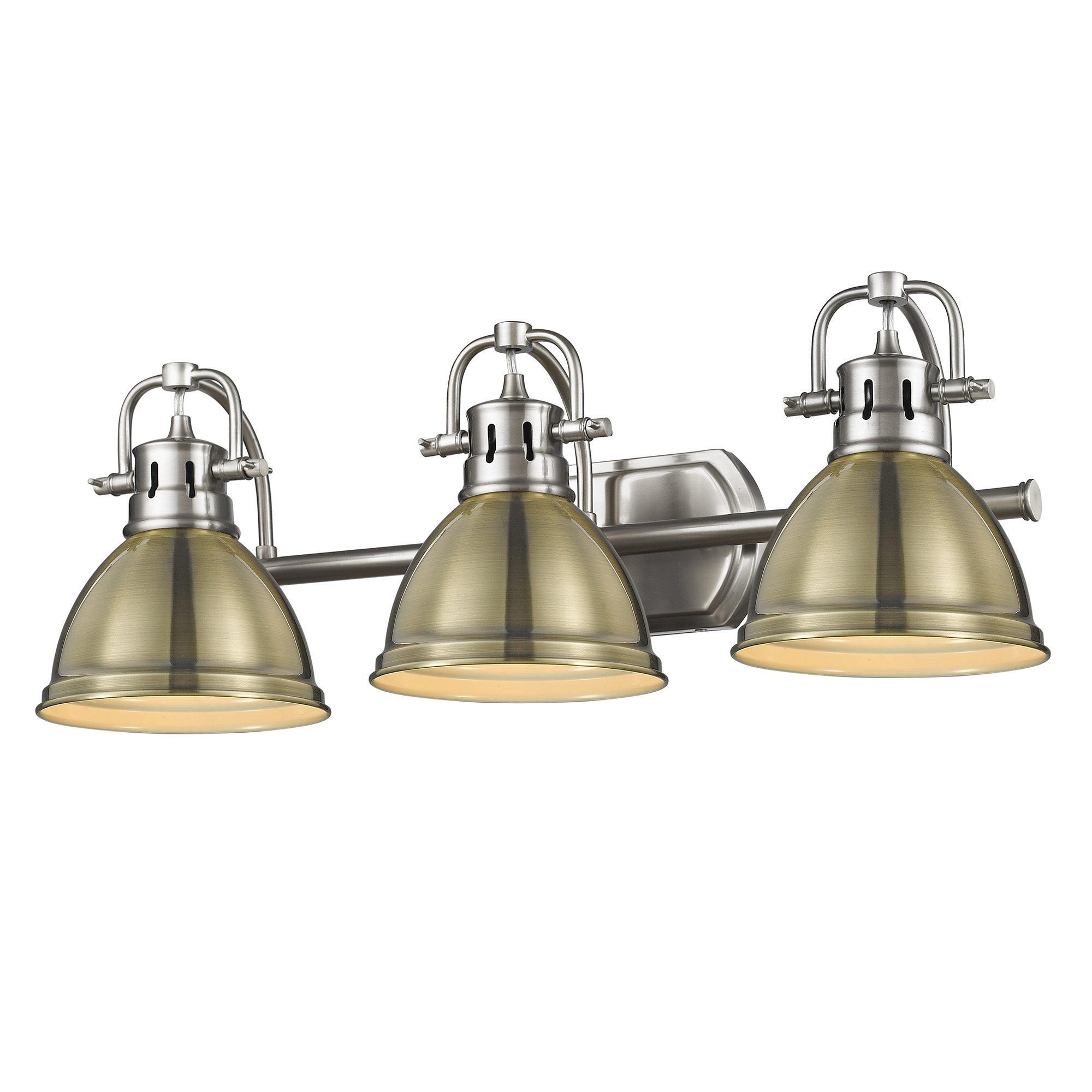 Duncan 3 Light Bath Vanity in Pewter with an Aged Brass Shade - - Golden Lighting