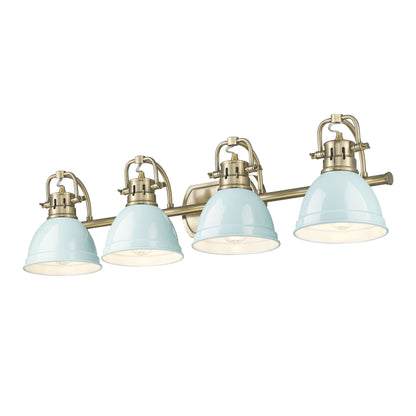 Yep by Golden Lighting Duncan 4-light Vanity in Aged Brass and Seafoam shade