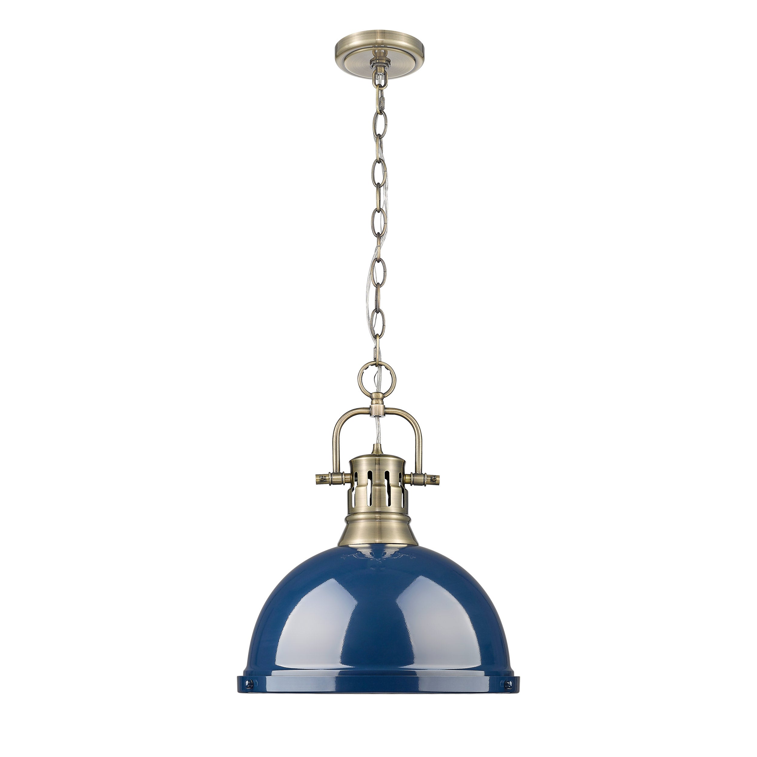 Yep by Golden Lighting Duncan 1-light 14in Chain Hung Pendant in Aged Brass and Navy Blue shade - - Golden Lighting
