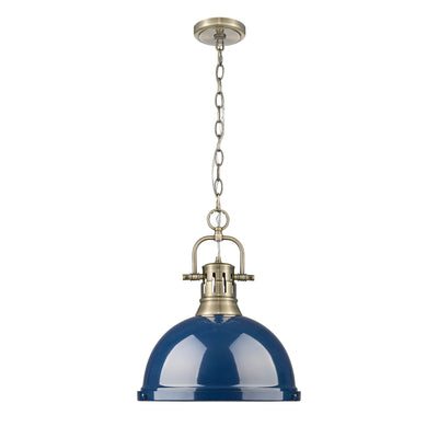 Yep by Golden Lighting Duncan 1-light 14in Chain Hung Pendant in Aged Brass and Navy Blue shade - - Golden Lighting