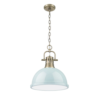 Yep by Golden Lighting Duncan 1-light 14in Chain Hung Pendant in Aged Brass and Seafoam shade - - Golden Lighting
