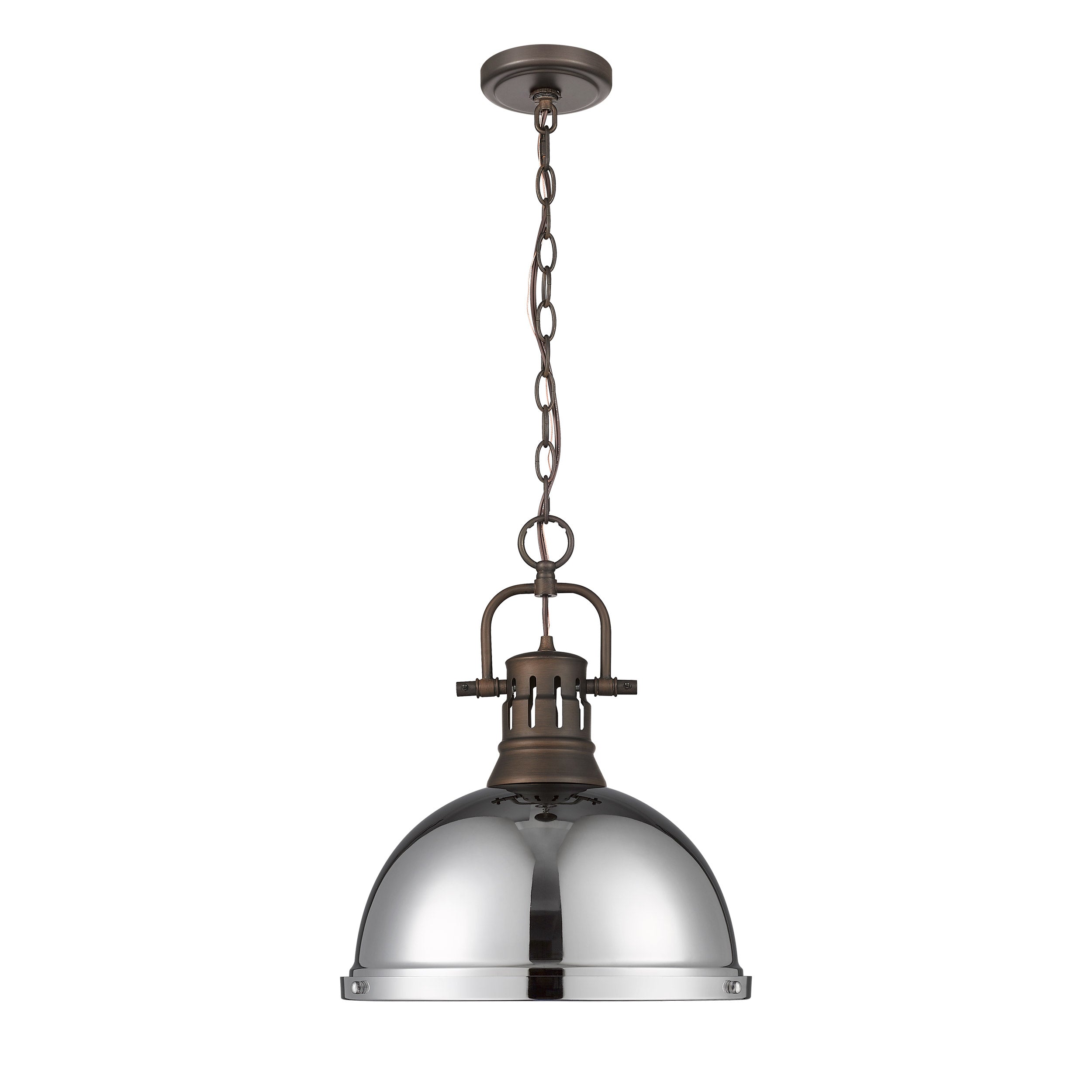 Yep by Golden Lighting Duncan 1-light 14in Chain Hung Pendant in Rubbed Bronze and Chrome shade - - Golden Lighting