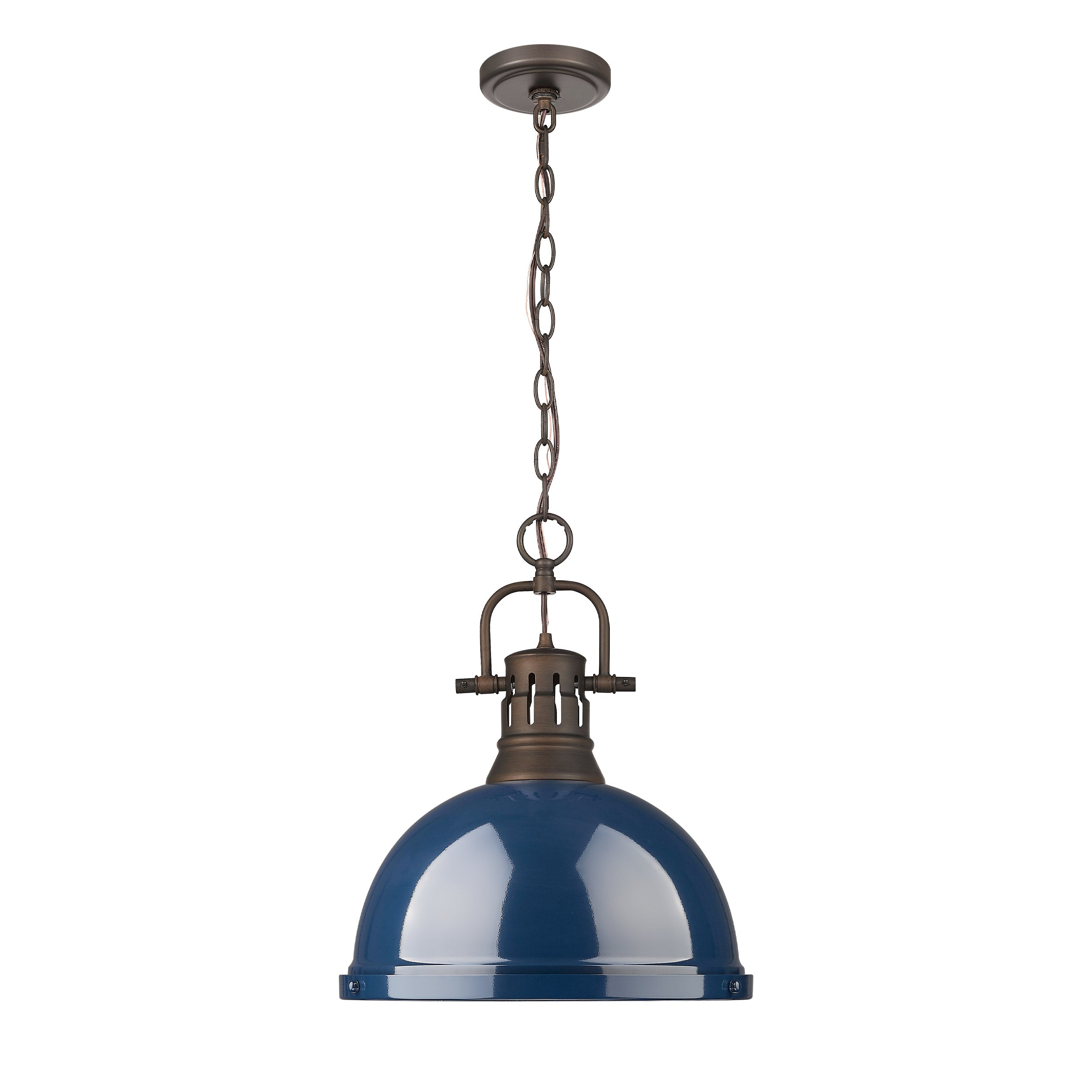 Yep by Golden Lighting Duncan 1-light 14in Chain Hung Pendant in Rubbed Bronze and Navy Blue shade - - Golden Lighting