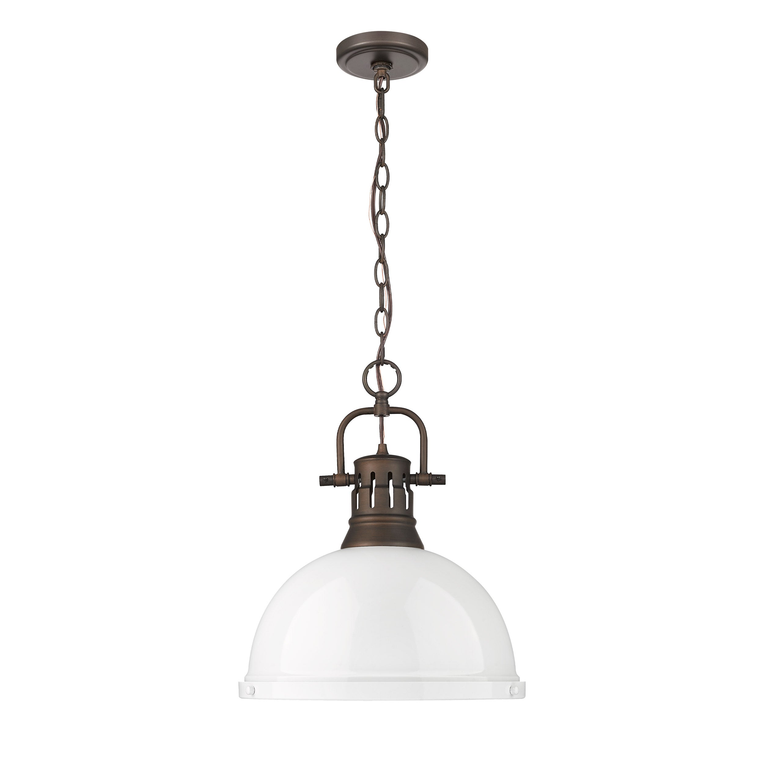 Yep by Golden Lighting Duncan 1-light 14in Chain Hung Pendant in Rubbed Bronze and White shade - - Golden Lighting