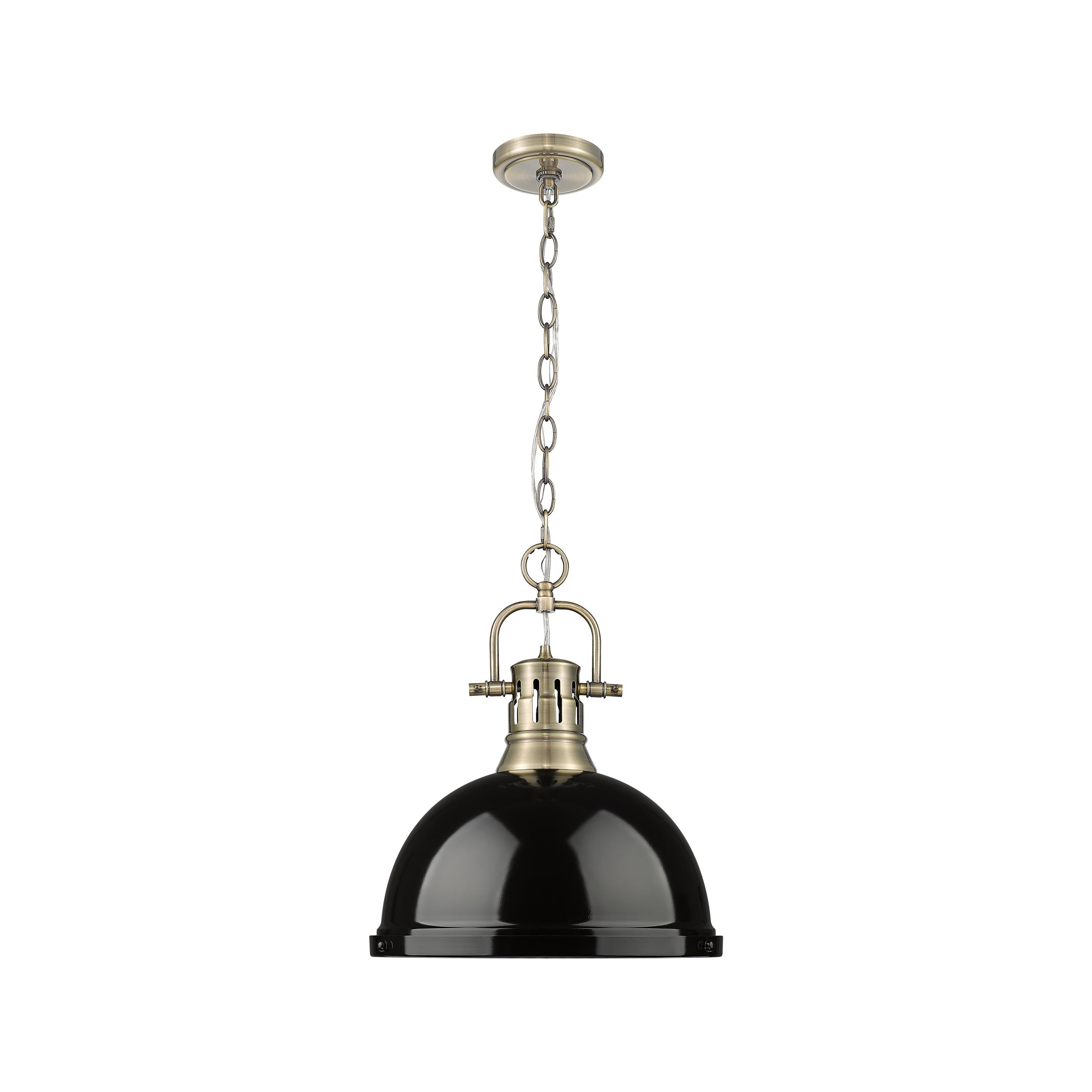 Duncan 1-Light Pendant with Chain in Aged Brass with Black - - Golden Lighting