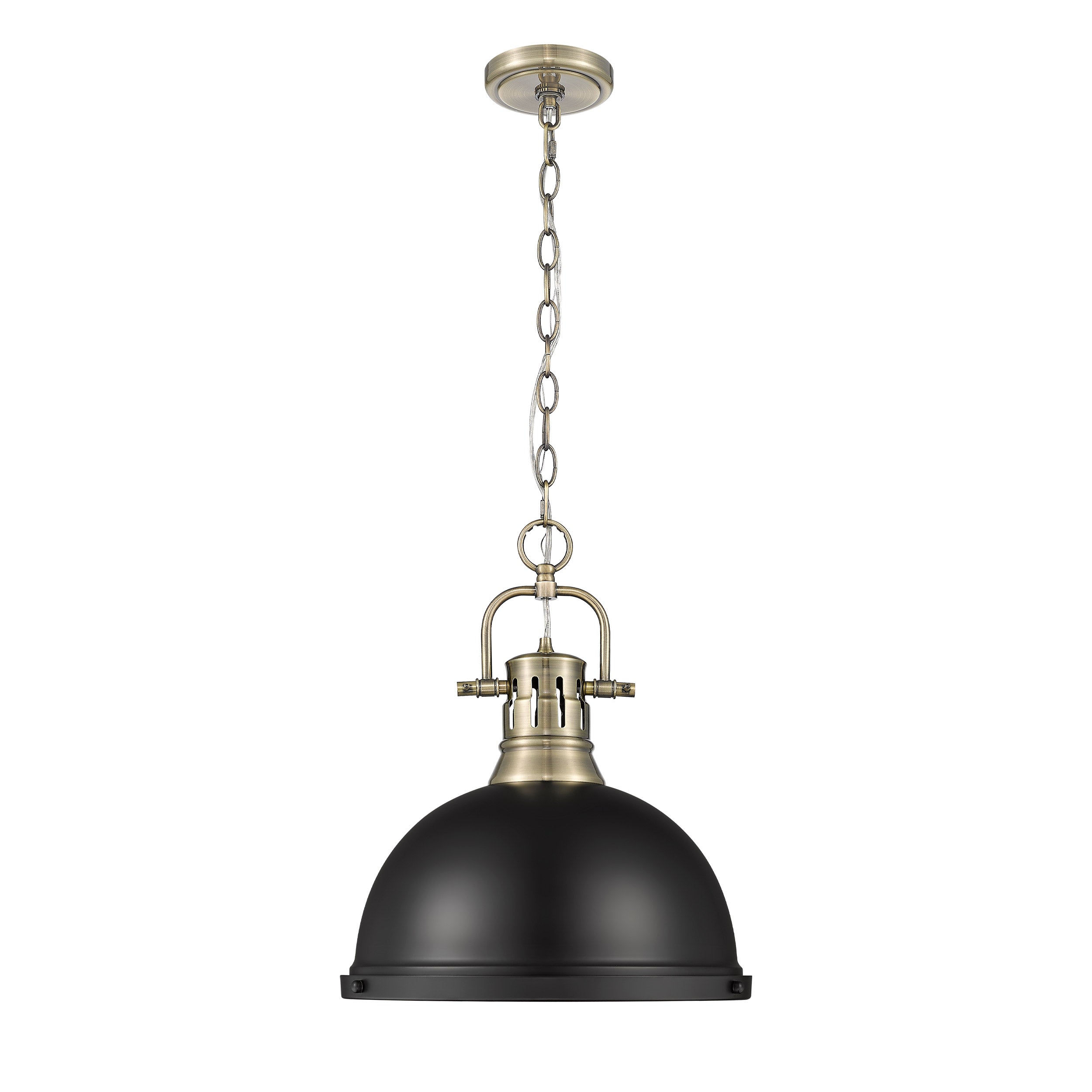 Duncan 1 Light Pendant with Chain in Aged Brass with a Matte Black Shade - - Golden Lighting